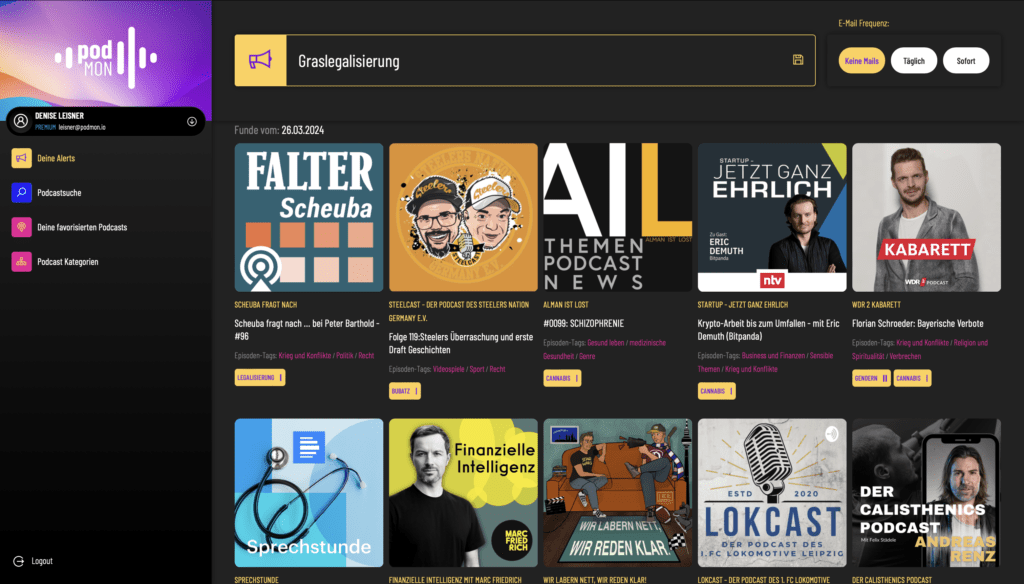 Das Bild zeigt einen Blick ins PodMon Tool, genauer gesagt Podcast Funde aus dem Alert zum Thema Graslegalisierung vom 26.03.2024.